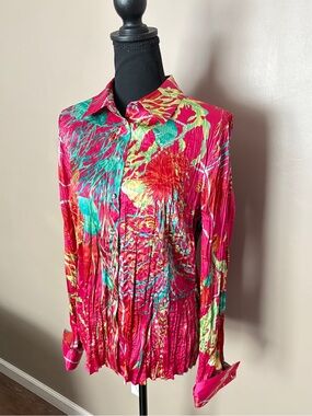 Vintage Y2K Russell Kemp 100% silk crinkle blouse pink botanical abstract 10 EUC